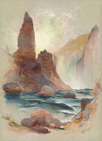 タワーフォールズのタワー、イエローストーン、1872年（グラファイトの上に水彩とガッシュ） 作： Thomas Moran