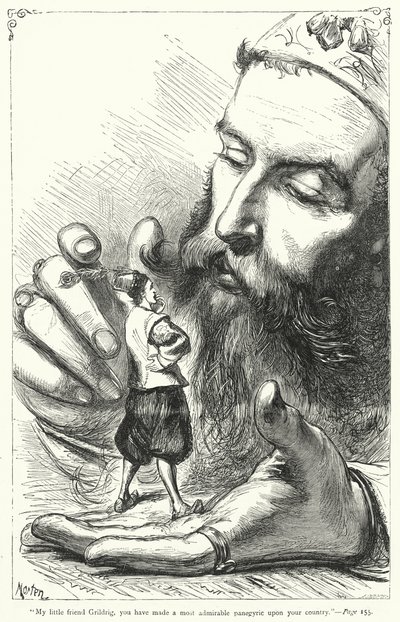 ジョナサン・スウィフトの『ガリバーズ・トラヴェルズ』のイラスト（彫刻）。 作： Thomas Morten