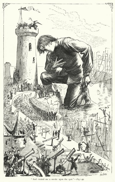 ジョナサン・スウィフトの『ガリバーズ・トラヴェルズ』のイラスト（彫刻）。 作： Thomas Morten