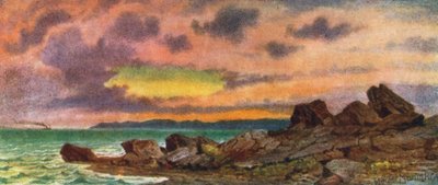 ニューブランズウィック州セント・ジョン近郊の海岸、嵐の夕日（カラーリトグラフ） 作： Thomas Mower Martin