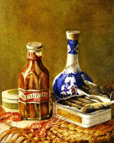 アンチョビのある静物」1844-62年頃（キャンバスにカードを貼った油彩画） 作： Thomas Musgrave