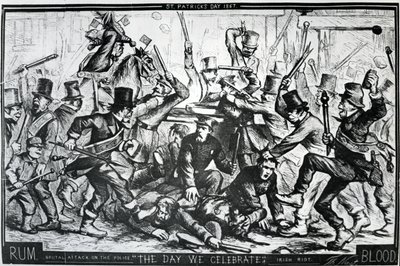 1867年4月6日、ハーパーズウィークリーで出版された1867年のセントパトリックスデーのニューヨークの暴動を描いた漫画（木の彫刻） 作： Thomas Nast