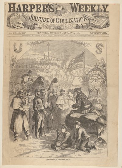 1863年1月3日、毎週ハーパーズからキャンプのサンタクロース。 作： Thomas Nast