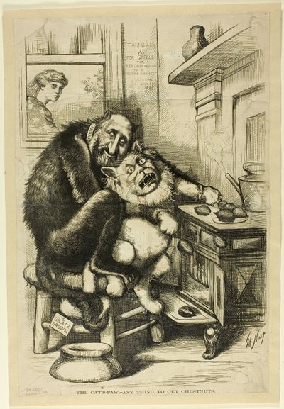 猫の手も借りたい、どんなことでも栗を手に入れる 作： Thomas Nast
