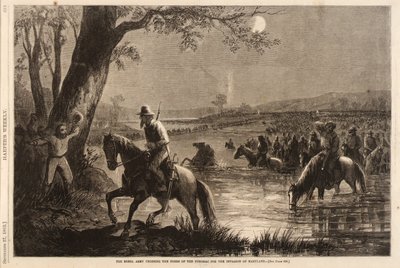 メリーランド侵攻のためポトマック河畔を横断する反乱軍（1862年9月27日付『ハーパーズ・ウィークリー』誌より 作： Thomas Nast
