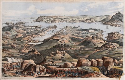 イギリス軍の包囲網、船員用砲台、ランカスター砲台からのセヴァストポリの眺め 作： Thomas Packer