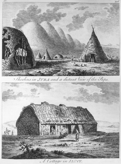 「スコットランドのツアーとヘブリディーズへの航海」1772年からジュラのシーリンズとパップスとアイラのコテージの遠景 作： Thomas Pennant