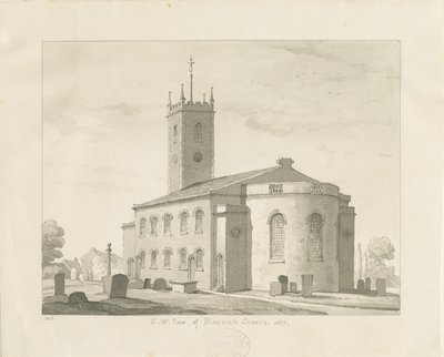 Bloxwich Church：セピア画、1837 作： Thomas Peploe Wood
