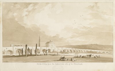 バートンアポントレント橋と町：セピア画、1837 作： Thomas Peploe Wood