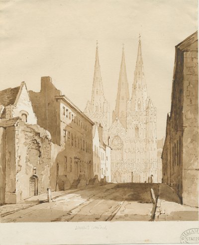 リッチフィールド大聖堂：赤セピア色の描画 作： Thomas Peploe Wood