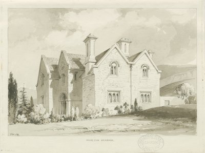 Moreton Vicarage：セピア色のウォッシュドローイング、1841年 作： Thomas Peploe Wood