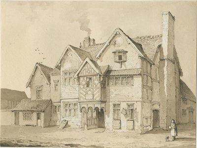 スタッフォード-[クラベリーレーンの古い家屋]：セピア色とペン画 作： Thomas Peploe Wood