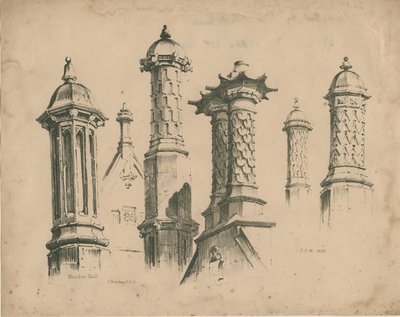 シックブルームホール[「マンレーホール」]-フィニアルと煙突：リトグラフ、1838 作： Thomas Peploe Wood