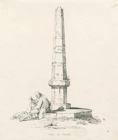 Tixall-マイル距離を示す柱：ペンとインクの描画 作： Thomas Peploe Wood