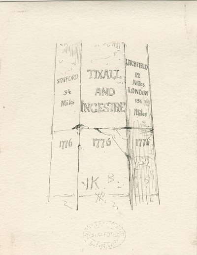 ティクソール-マイレージを示す石の柱：ペンとインクの描画、nd [19世紀半ば]（描画） 作： Thomas Peploe Wood