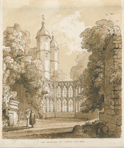 Tixall Hall：ペンとウォッシュの描画、1838 作： Thomas Peploe Wood