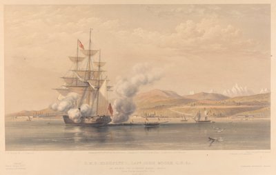 スークーム・カレ・アバシア沖に停泊中のH.M.S.ハイフライヤー少佐ジョン・ムーアC.B.ら、出航するオマール・パシャ（1855年10月 作： Thomas Picken