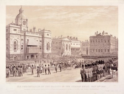 1855 年 5 月 18 日、ヴィクトリア女王からサー トーマス トローブリッジ大佐へのクリミア メダルの贈呈 作： Thomas Picken