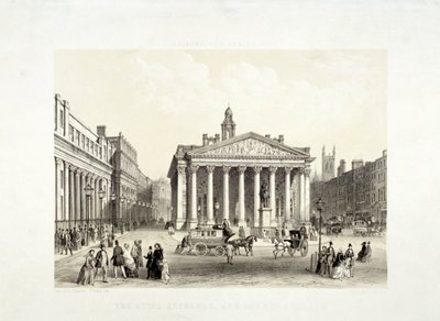 王立取引所と左手にイングランド銀行、1851年、ロンドン 作： Thomas Picken