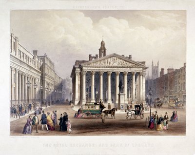 王立取引所とイングランド銀行が左に、ロンドン、1851 年 作： Thomas Picken