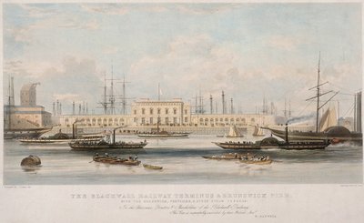 「The Blackwall Railway Terminus and Brunswick Pier」、ブラックウォール、ポプラ、ロンドン、c1840 作： Thomas Picken
