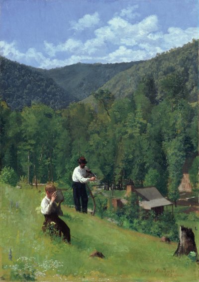 1879年の収穫時の農夫と息子 作： Thomas Pollock Anschutz
