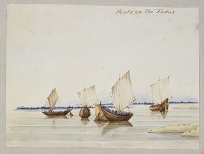 「Boats on the Indus」、シンド、カッチ、ボンベイの衣装、職業、風景、建物を描いた 212 枚の素描と 11 枚のリトグラフのアルバム 作： Thomas Postans
