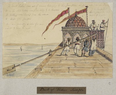 「インダス・ジャンプティのデッキ。 T.P. 1841年。 「シンド、カッチ、ボンベイの衣装、職業、風景、建物を描いた 212 枚の素描と 11 枚のリトグラフのアルバム」より、巨大な櫂で漕ぐ 4 人の男性 作： トーマス・ポスタンズ