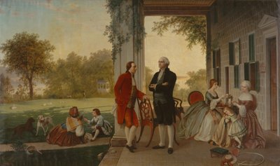 マウントバーノンでのワシントンとラファイエット、1784年、戦争後のワシントンの故郷、1859年。 作： Thomas Pritchard Rossiter