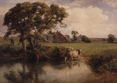 農家の近くで水やりをする牛たち 作： Thomas Pyne