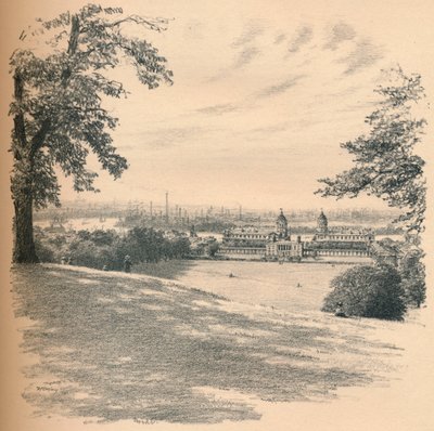「天文台の丘から見たグリニッジ宮殿」、1902 年 作： Thomas Robert Way