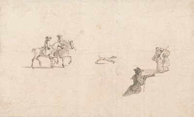 ライダー、フィギュア、犬（紙にペンとインク） 作： Thomas Ross