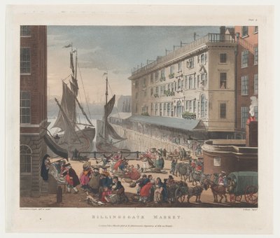 ビリングスゲート マーケット、1808 年 3 月 1 日、1808 年 3 月 1 日。 作： Thomas Rowlandson, Augustus Charles Pugin, J. Bluck