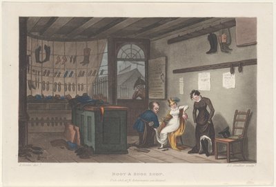 Boot & Shoe Shop、Scarborough の詩的スケッチ、1813 年、1813 年。作成者: Thomas Rowlandson、Joseph Constantine Stadler、J. Bluck 作： Thomas Rowlandson, Joseph Constantine Stadler, J. Bluck