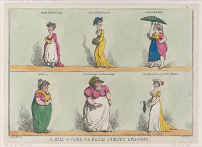 1808 年 10 月 25 日、1808 年 10 月 25 日、ボンド ストリートのエピキュアの料金表。 作： Thomas Rowlandson