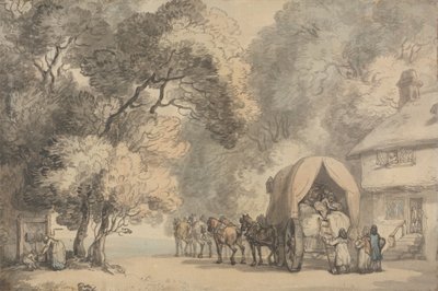 インの外にある運送業者のカート、c.1785-90（ペンとインク、および敷き紙に水彩） 作： Thomas Rowlandson