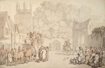 カンタベリー門を離れる準備をしているコーチ、オックスフォード、クライストチャーチ、c.1810-15 作： Thomas Rowlandson