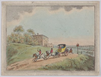 1787年、素朴なスケッチからのコーチと4人。 作： Thomas Rowlandson