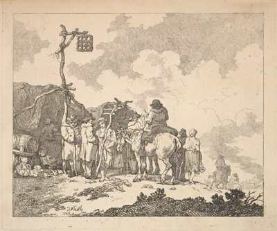 フェア-ジプシーのグループ-2つの間に合わせの前で素朴な服を着た男性と女性...、1786年。 作： Thomas Rowlandson