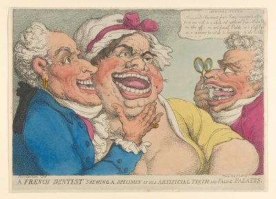 人工歯と偽口蓋の見本を見せるフランスの歯科医（1811年）（1811年 作： Thomas Rowlandson