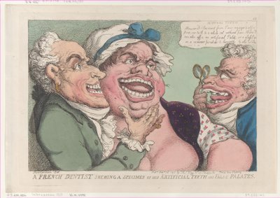 1811 年 2 月 26 日、人工歯と偽口蓋の標本を見せているフランスの歯科医。 作： Thomas Rowlandson