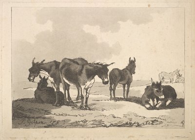 5ロバのグループ、3つ立って、2つ横になって、1783-87。 作： Thomas Rowlandson