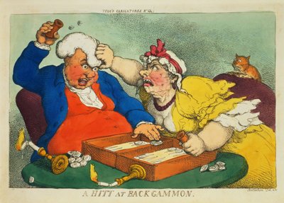バックギャモンのヒット（カラーエッチング） 作： Thomas Rowlandson