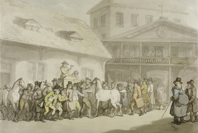 ホプキンスのリポジトリ、バービカン、c.1798-1800での馬の販売（ペン、インク、紙に水彩） 作： Thomas Rowlandson