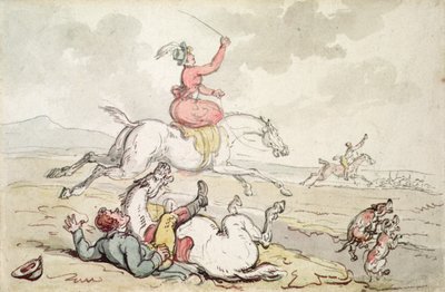 狩猟事件」（紙にペンとインクと水彩画） 作： Thomas Rowlandson