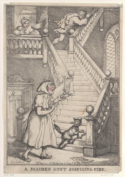 A Maiden Aunt Smelling Fire、[1806 年 5 月 1 日]、5 月 1 日に再発行、...、[1806 年 5 月 1 日]、1812 年 5 月 1 日に再発行。 作： Thomas Rowlandson