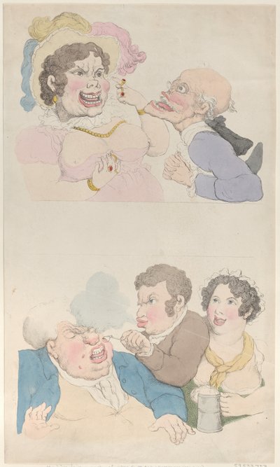女性に誘惑され、顧客を喫煙する男性、1800 ., 1800 . 作： Thomas Rowlandson