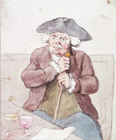 酒場に座る男」（紙にペン、茶インク、水彩 作： Thomas Rowlandson