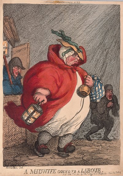 労働者、パブに行く助産師。 1811（手描きの彫刻） 作： Thomas Rowlandson