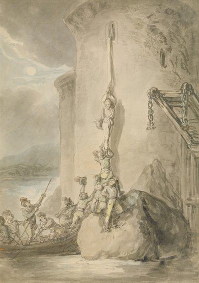 ミリタリーエスケープ、c.1794（水彩でペンとインク、紙にグラファイトで洗う） 作： Thomas Rowlandson